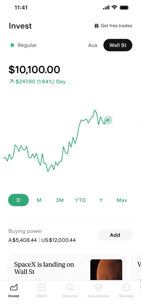 Invest app showing the equity value and performance line chart